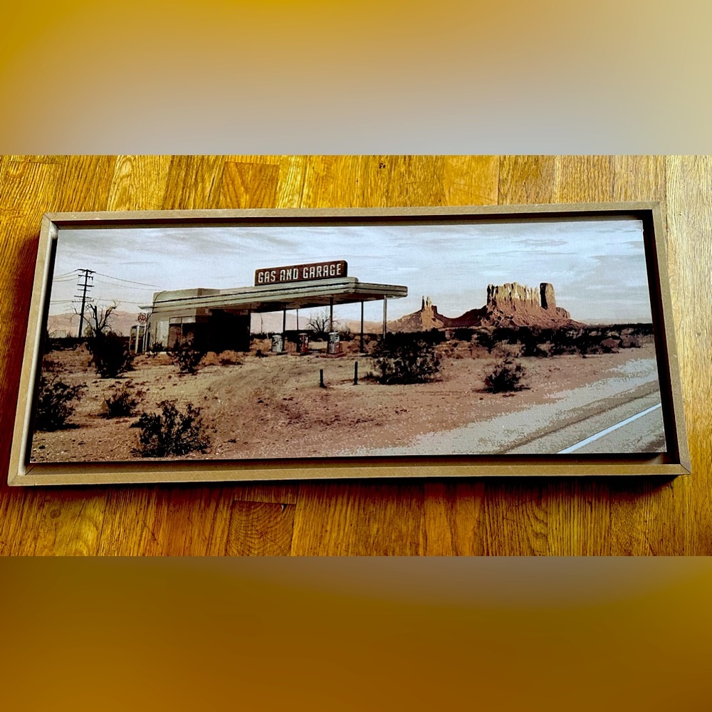 Wall Decor - desert plain, ‘Gas and Garage’ picture. Wooden frame. Ashland